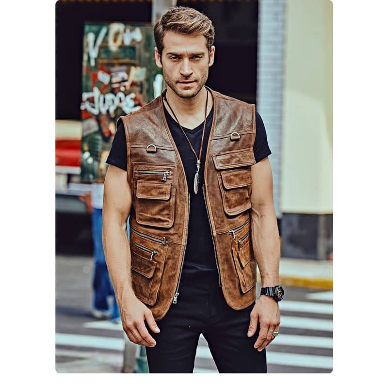 Gilet cuir biker marron