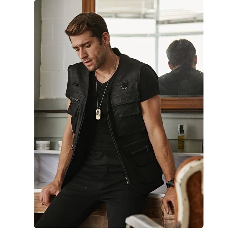 Gilet cuir biker marron